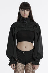 Black Stand Collar Long Sleeves Straps Women's Punk Cape